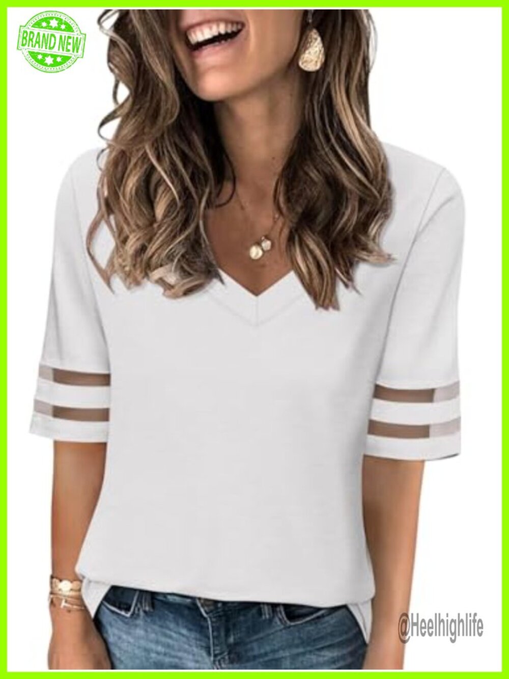 Mesh Panel Half Sleeve V Neck Tee Shirt Summer Loose Casual Top